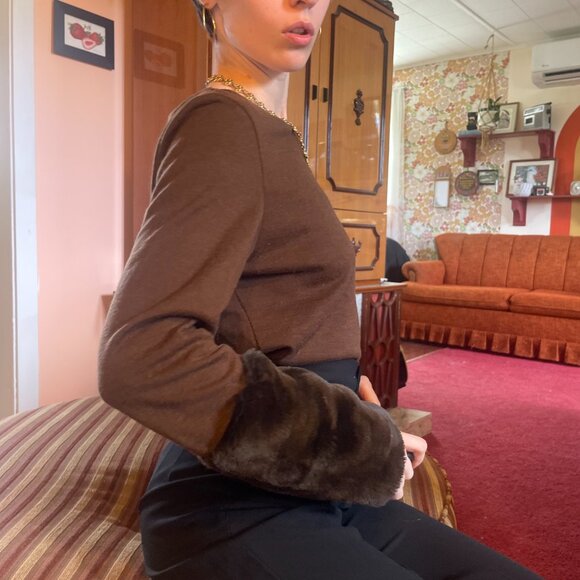 Y2K wool blend fur sleeve brown boatneck cropped sweater! - Picture 9 of 14